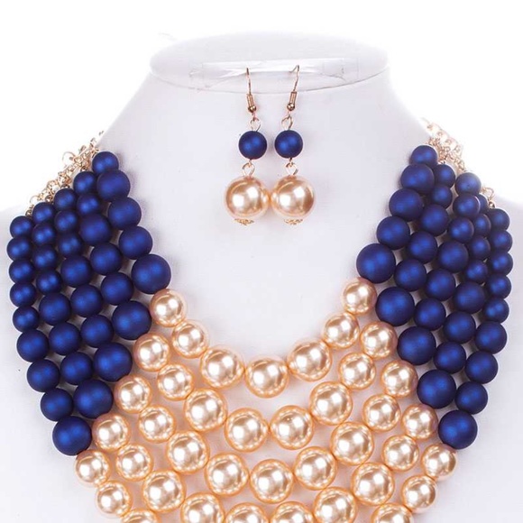Color Block Pearl Chunky Necklace And Earring Set - Picture 7 of 9